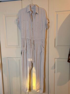 Faithfull the Brand White & Grey  Striped Utility Jumpsuit